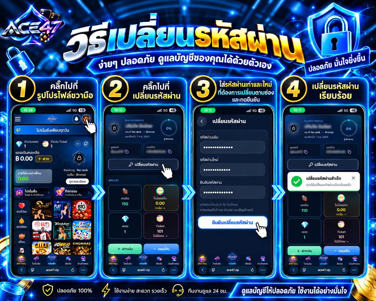 วิธีเปลี่ยนรหัสผ่าน ACE47 ผ่านหน้าโปรไฟล์