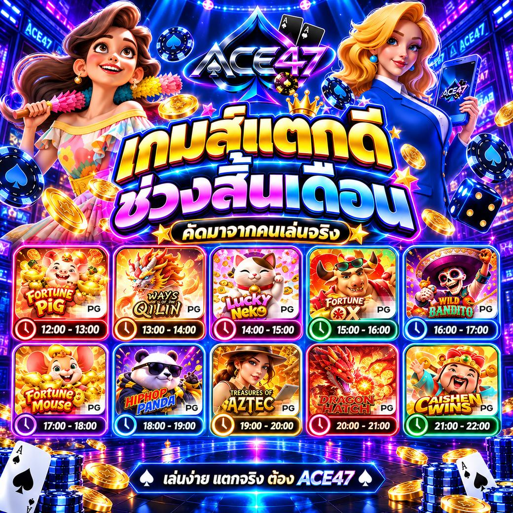 โปสเตอร์ ACE47 เกมแตกช่วงสิ้นเดือน พร้อมรอบเกมตั้งแต่ 12:00 ถึง 22:00 น.